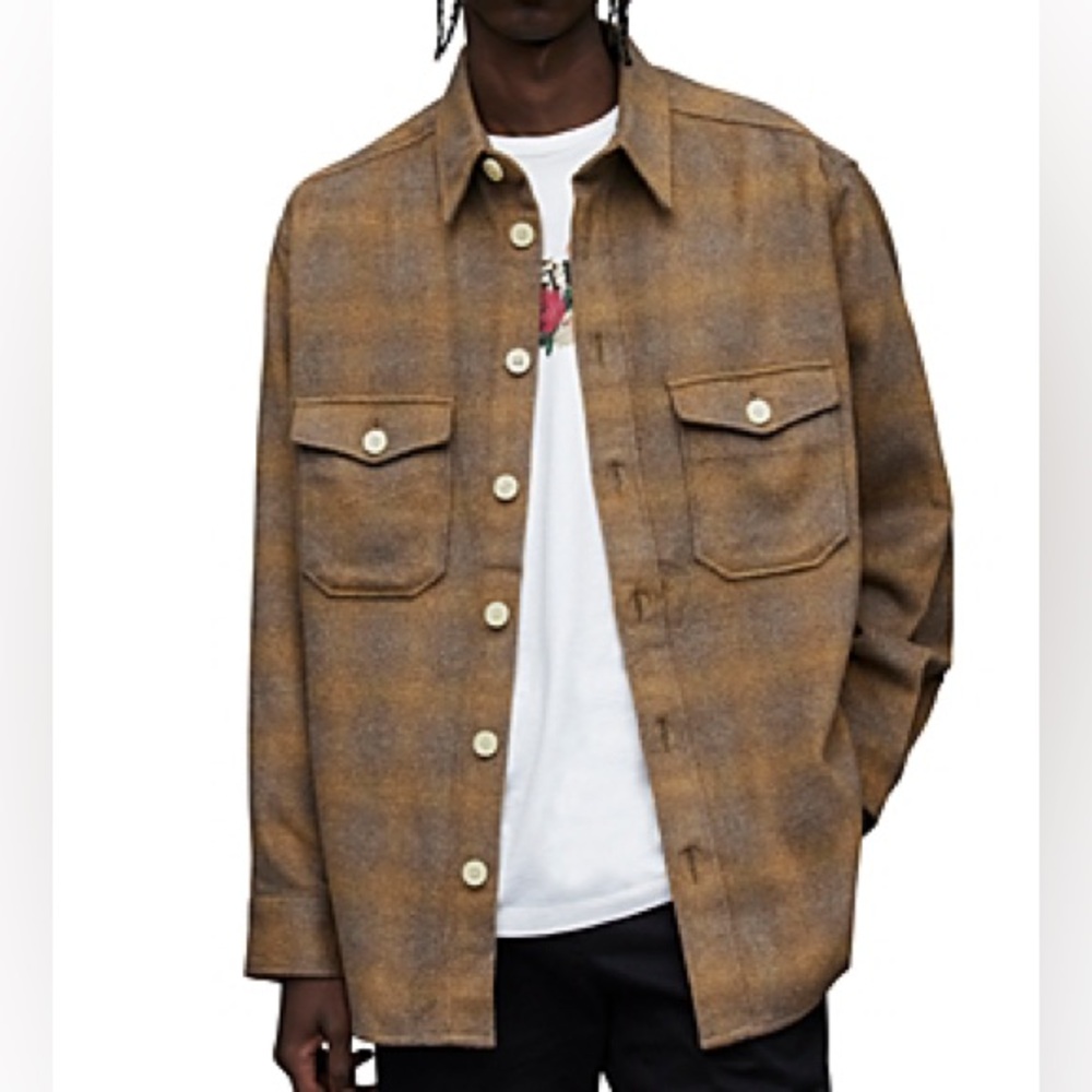 ALLSAINTS BARBA CHECK REGULAR FIT BUTTON DOWN LS SHIRT BROWN MENS SIZE MEDIUM